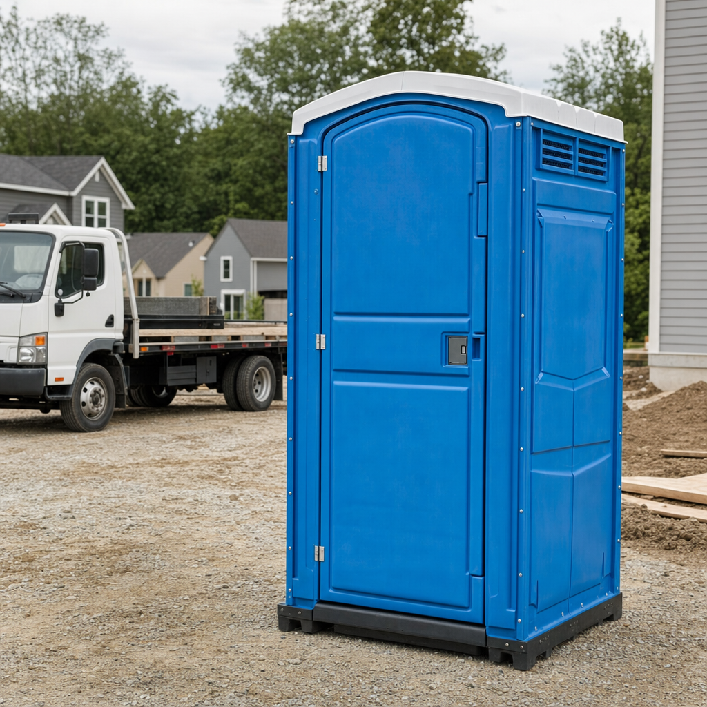 Delivery driver positioning a clean royal-blue portable toilet on level ground at a Lakeland worksite