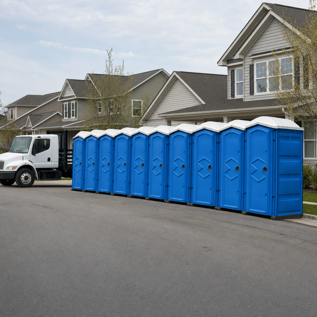 Royal blue portable toilets staged in a tidy row at a Lakeland jobsite, ready for delivery